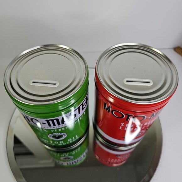 Canadian Tire Moto-Master Oil Red Green Tin Coin Bank Set Promotional Item Decor - Picture 2 of 13